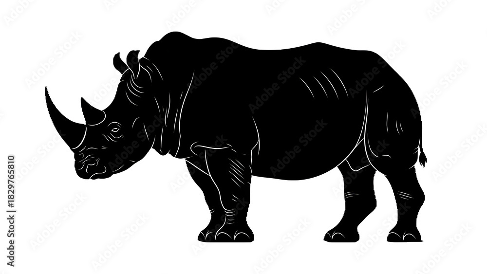 Obraz premium Black and white line art shows a rhino, perfect for education materials, posters, or wildlife conservation branding.