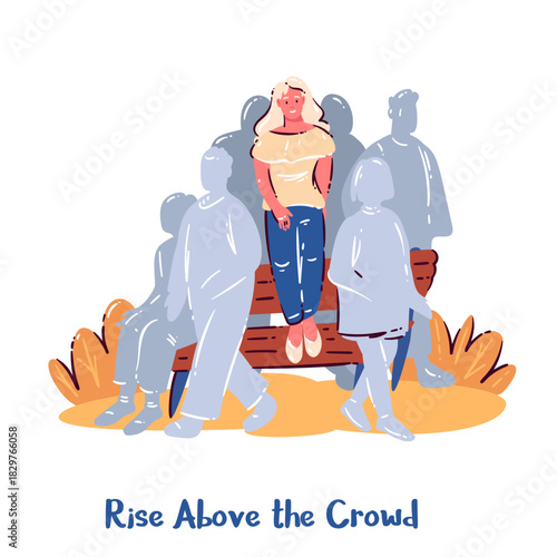 Standing out in crowd, bold confident woman above people silhouettes, simple cartoon doodle style, emotional empowerment scene, clean lines, warm palette, vector illustration.