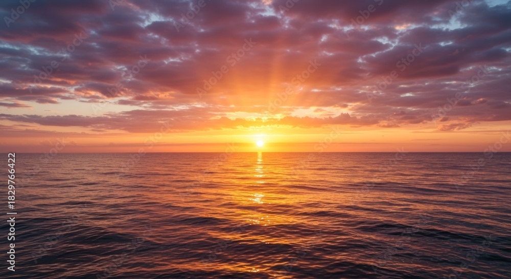 Fototapeta premium Ocean sunset with radiant sunlight and colorful sky reflections over the water natural landscape scene