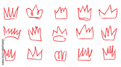 Golden crown crayon pencil hand drawn doodle scribble set. Line freehand splash royal jewel. Charcoal textured dry brush collection.