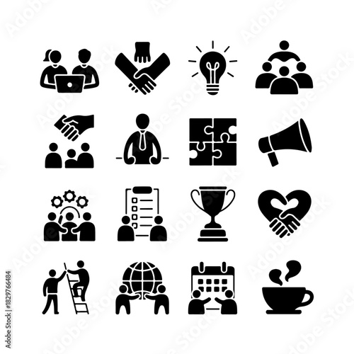 Team Work Icon Set. Vector Design Pack Isolated on White Background. Grunge Stamp Vector Illustration.