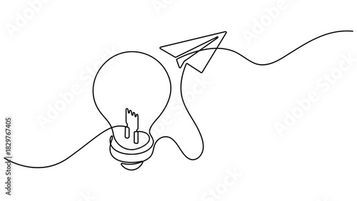 Paper plane flying up connected with light bulb in one continuous line drawing, Idea with bulb and paper plane, Light bulb and Paper plane single continuous line drawing vector illustration