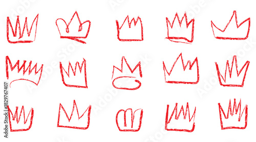 Crown ink crayon pencil hand drawn doodle scribble set. Line freehand splash royal jewel. Charcoal textured dry brush collection. illustration