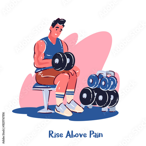 Rise Above Pain scene with man lifting weights, showing strength rising over pain in simple cartoon doodle style, vector illustratio