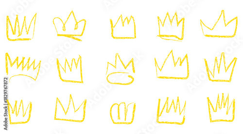 Crown ink crayon pencil hand drawn doodle scribble set. Line freehand splash royal jewel. Charcoal textured dry brush collection. illustration