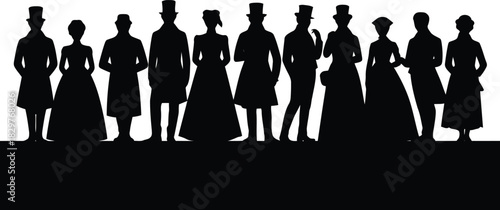 A diverse group of Victorian era people dressed in formal clothing stand together in elegant silhouettes