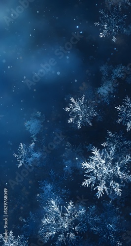 Falling snowflakes on deep blue , winter night background