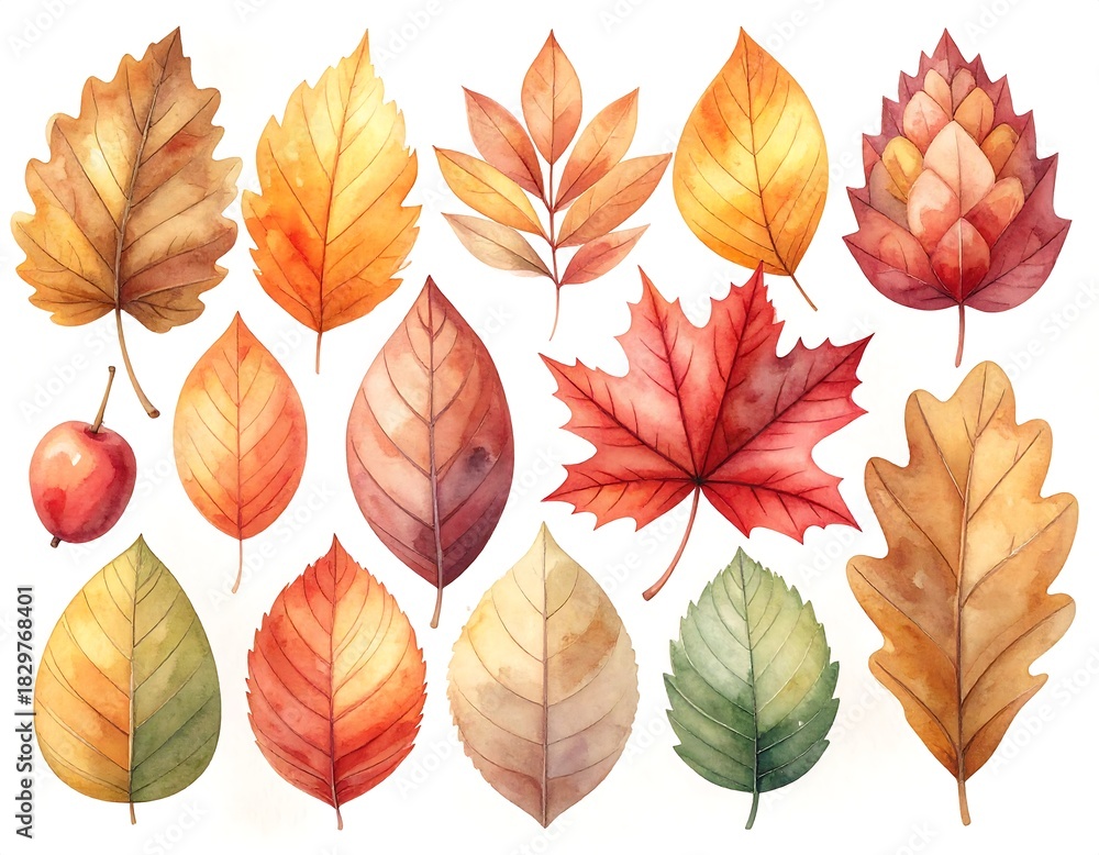 Obraz premium A collection of watercolor-style leaves in vibrant autumnal colors, including reds, oranges, yellows, and browns, with a small fruit