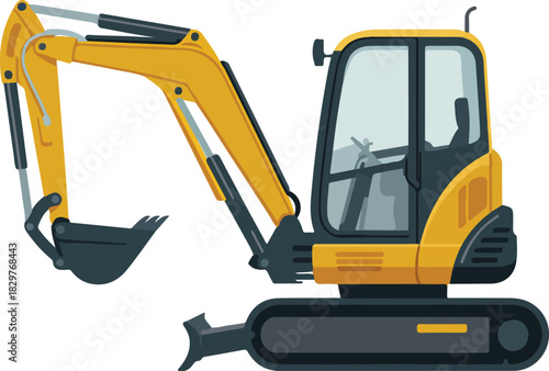 Yellow excavator vector illustration for construction and earthmoving projects on a transparent background.