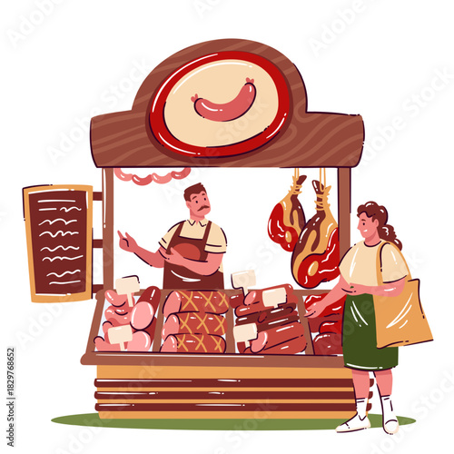 Sausage market stall in cartoon doodle style with deli meats, sausages and ham, outlined accents and cute food details, colorful sticker vibe, vector illustration.