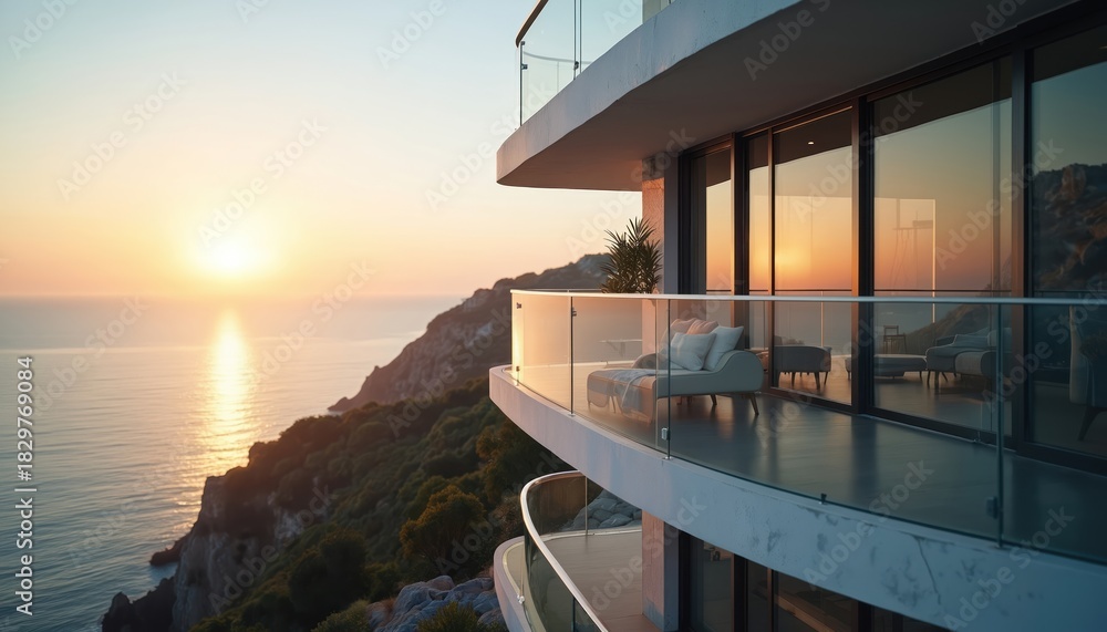 Fototapeta premium Modern building features glass balconies overlooking blue sea. Golden light of setting sun reflects on ocean water, cliff. Luxe apartment terrace offers ultimate comfort. Perfect place for quiet