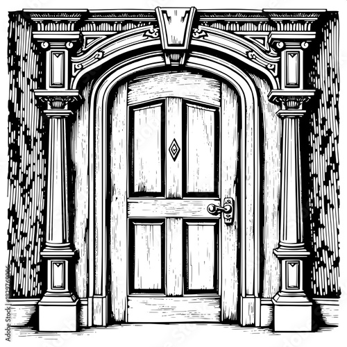 A balanced, front-lit black-and-white drawing of a vintage wooden doorway with elaborate moldings, diamond-accented panels, and a sturdy handle. The style reflects classic woodcut prints with dense te