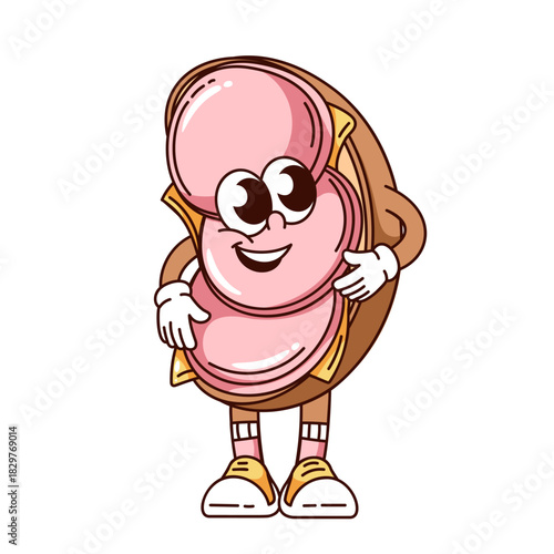 Cute sandwich mascot with sliced deli meat, big expressive eyes and playful outline cartoon style. Emphasis on the deli meat filling and groovy character look, vector illustration.
