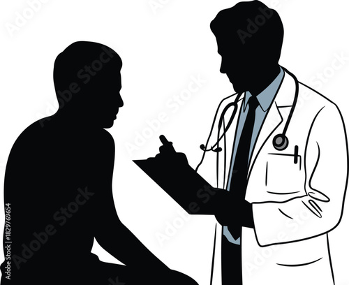 A doctor in a white coat with a light blue shirt consults a patient about their health