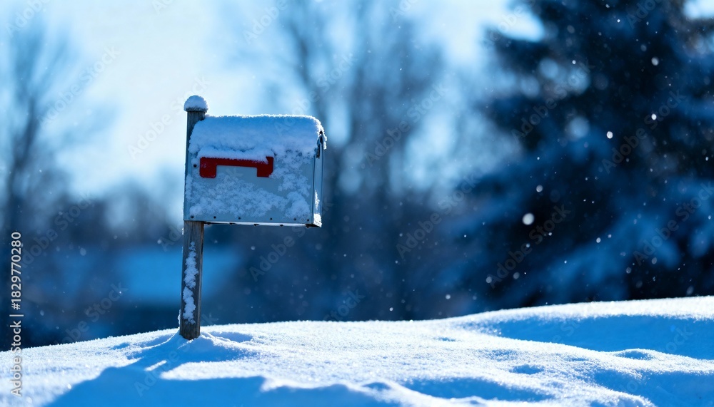 Naklejka premium Solitary Mailbox Stands Still in a Gentle Winter Snowfall