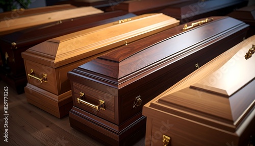 A collection of wooden caskets in varying shades of brown and tan are arranged, reflecting somber preparation for a funeral