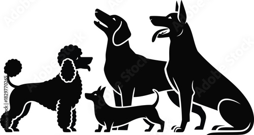 A group of distinct dog breeds portrayed as black silhouettes on a clean white background