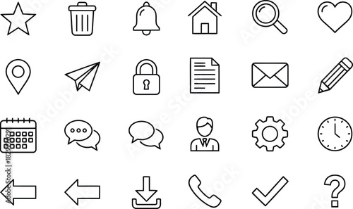 Clean minimal outline vector icon set featuring essential UI and interface symbols including home, search, heart, star, trash, notification, document, email, location, send, lock, settings, user, cloc