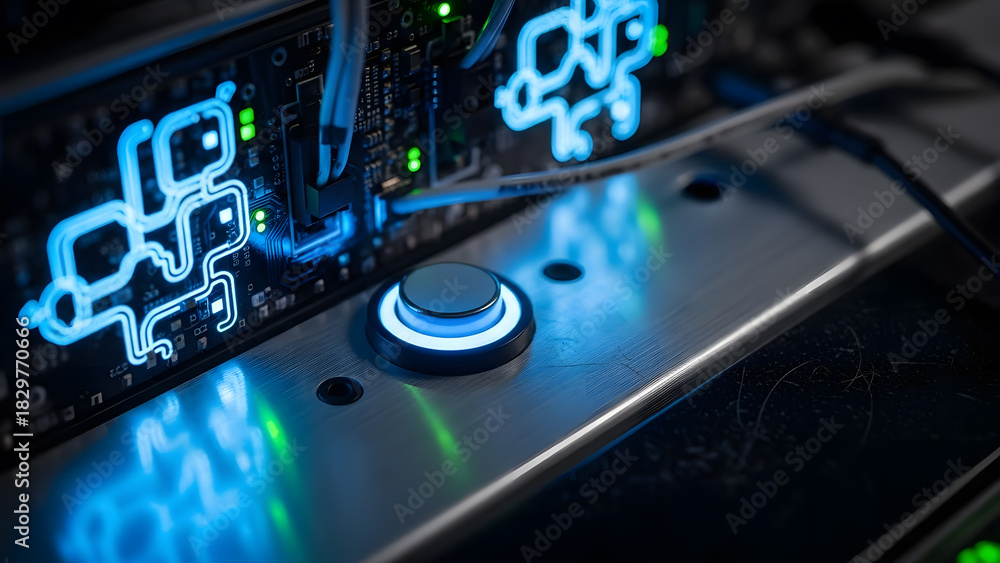 Fototapeta premium A close up shot of a data center server panel featuring a glowing blue button