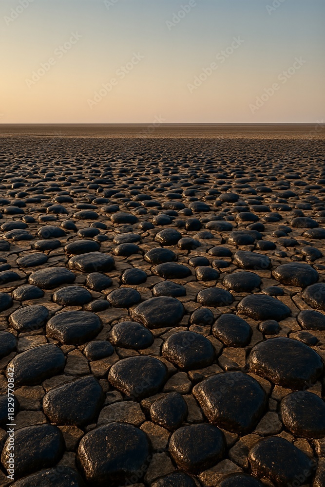 Obraz premium Basalt cobble plain at sunrise