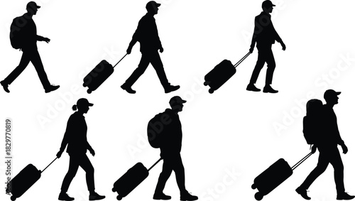 Silhouettes of travelers walking with rolling luggage, isolated people on white background, journey movement concept, travel lifestyle, airport passengers illustration