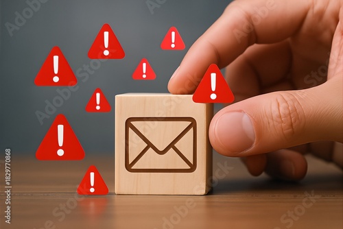 A hand places a block with envelope and warning icons, a professional concept perfect for email security, spam alerts, and digital safety