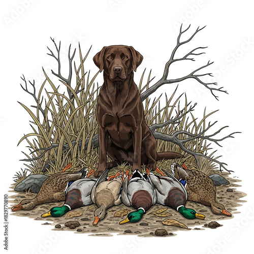 Chocolate Lab hunting dog sitting with a row of five dead mallard ducks on the ground