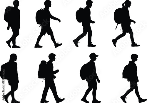 Silhouettes of people walking with backpacks, students and travelers in motion, outdoor activity, commuter figures, isolated design elements for illustration