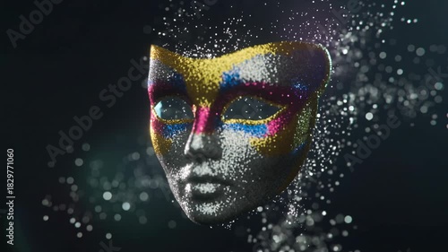 Carnival mask glowing on dark background, colorful sparkle design and golden glitter. 