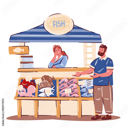 Fish market fresh seafood stall with crab, octopus, fish fillets and whole fish in cartoon doodle style, bold outline accents and market shop atmosphere, vector illustration.