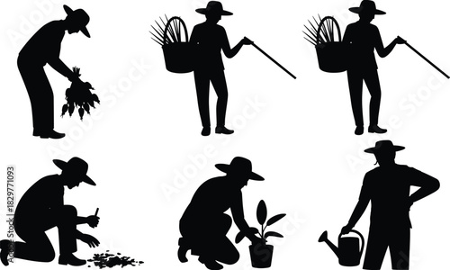 Silhouettes of gardeners working in garden, planting seedlings, harvesting crops, carrying tools, watering plants, agricultural labor, farming activity illustration