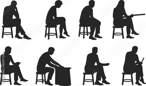 Silhouettes of people sitting on stools, various seated poses, thinking, reading, working, resting, isolated figures for design, illustration, concept art