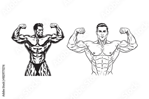 Two muscular bodybuilders flexing biceps in black and white line art