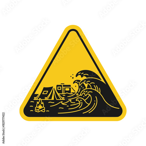 Tsunami flood warning sign: coastal camping natural disaster icon Vector