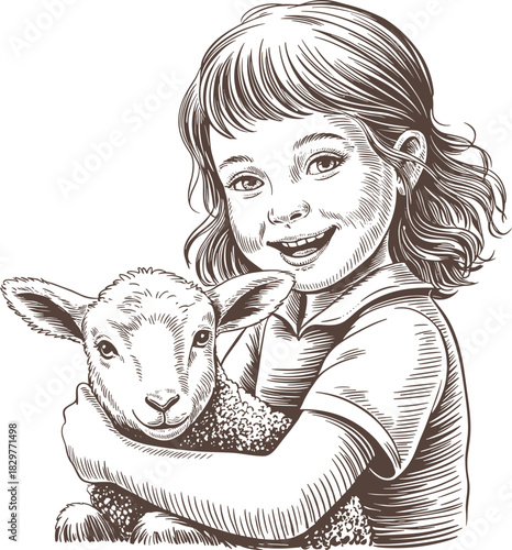 Smiling Little Girl Hugging a Baby Lamb: Vintage Engraving Style