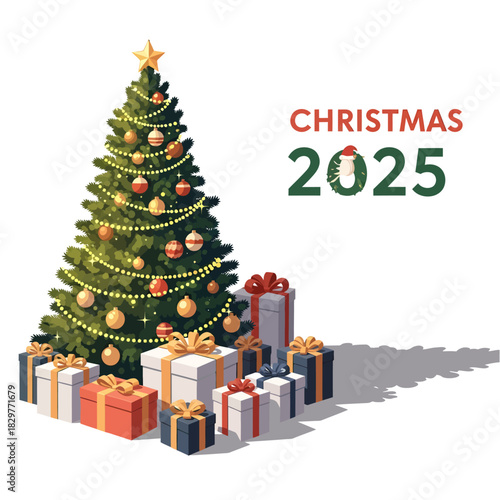 Christmas 2025 Festive Illustration Featuring a Decorated Tree and Wrapped Presents for the Holiday Season