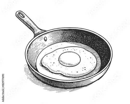 Vintage engraved-style vector illustration of a frying pan with a fried egg. Detailed ink hatching, clean lines, rustic kitchen theme. Ideal for food packaging, farm branding, and culinary design.