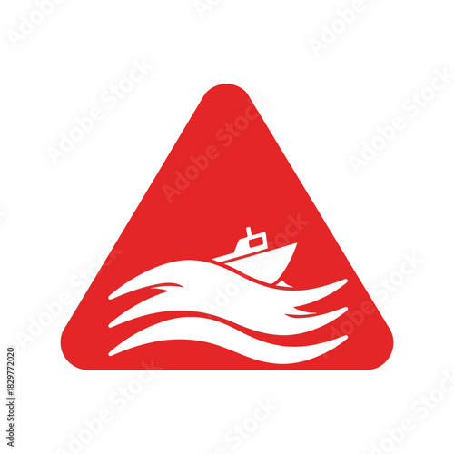 Modern red triangle marine boat & waves vector icon logo Vector