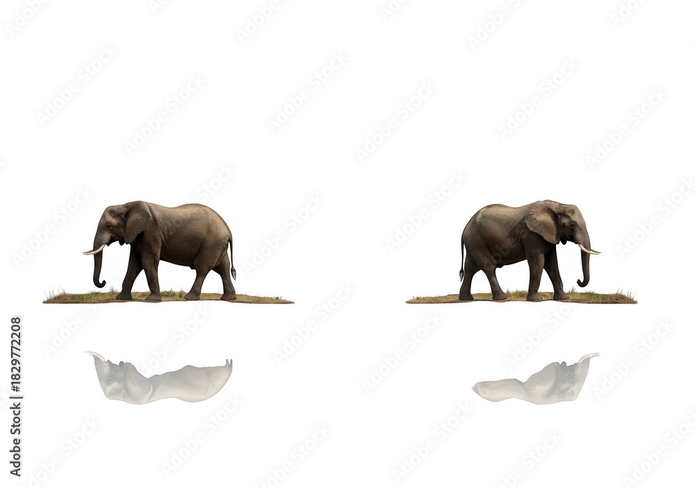Fototapeta premium Two african elephants standing on ground with white petals isolated on transparent background
