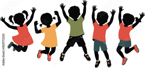 A happy group of five diverse children with black silhouettes actively jumping and playing with enthusiasm