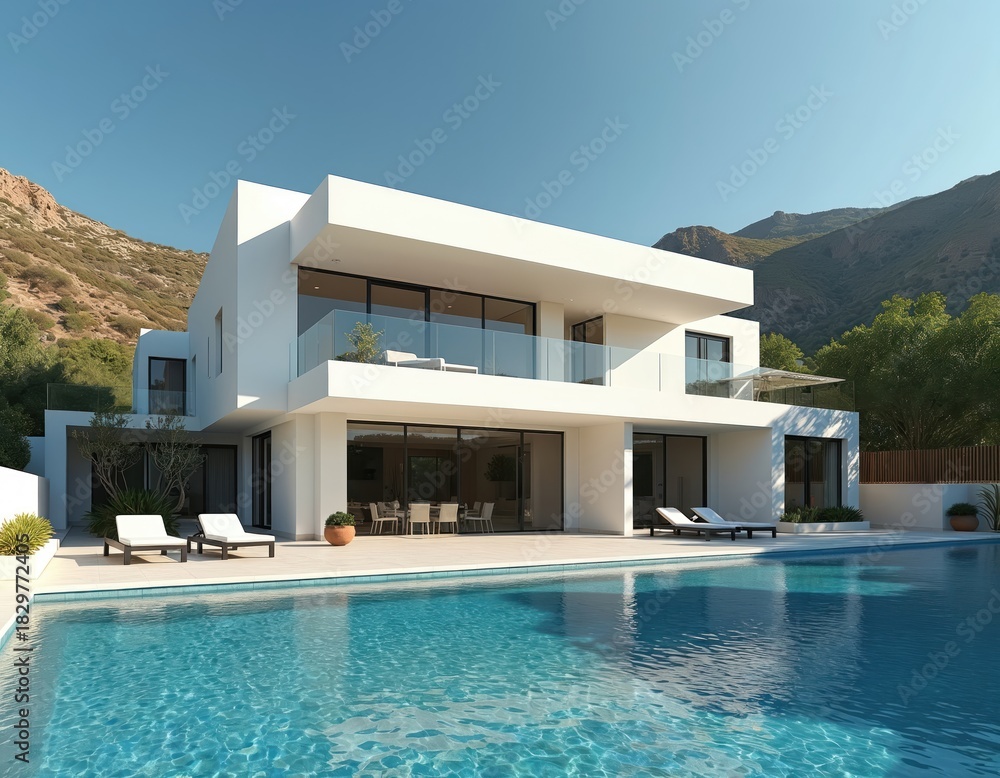 Fototapeta premium Modern white villa with private pool and lounge chairs. Luxury house with glass doors and balcony. Clear blue water and mountain landscape in background. Relaxing atmosphere and sunny day.