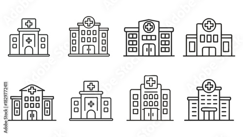Set of Hospital Buildings Icons for Medical, Health Care and Facility Illustration – Stock Design Templates