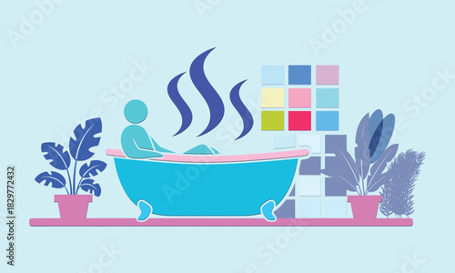 Print Relaxing Bathtub Scene with Plants and Steam Wellness Illustration