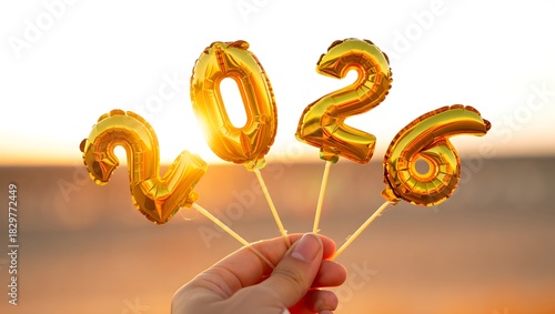 Close-up of a hand holding shiny gold balloons shaped as the numbers 2026 glowing in warm sunset light. Golden-hour atmosphere with soft flares, warm highlights, and rich amber tones.