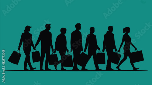 A line of people carrying various shopping bags walk purposefully across a vibrant teal background