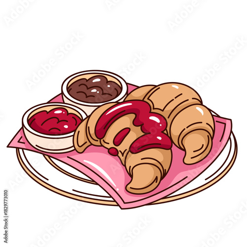 Groovy cartoon breakfast with croissant and jam, dessert pastry shown in fun outline style with bold croissant details and sweet topping accents, vector illustration.