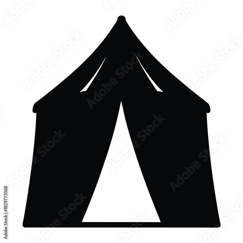 Monochrome illustration of a simple classic Aframe tent with open entrance