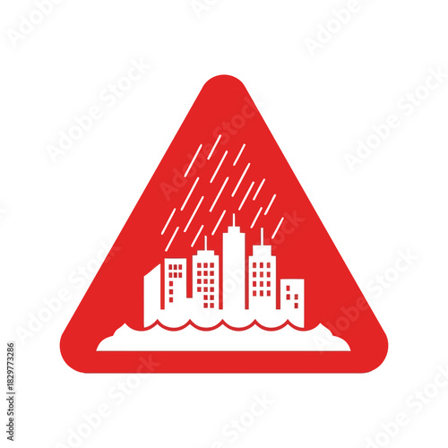Urban flood warning sign: heavy rain city disaster alert Vector
