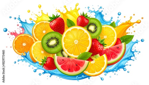 Fototapeta Naklejka Na Ścianę i Meble -  A vibrant splash showcases a mix of sliced fruits oranges, kiwis, strawberries, lemons, and watermelon, with colorful liquid and droplets