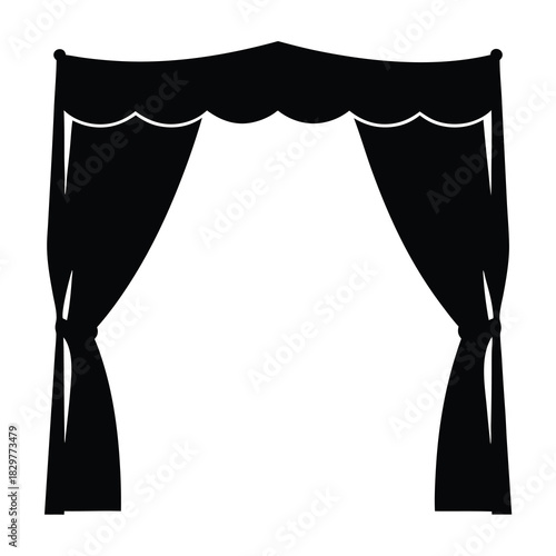 Simple black and white illustration of curtains and valance over an opening